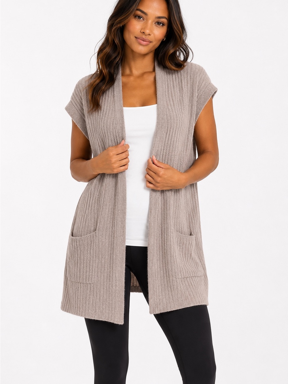 Barefoot Dreams CozyChic Ultra Lite Ribbed Open Cardigan - Taupe Gray